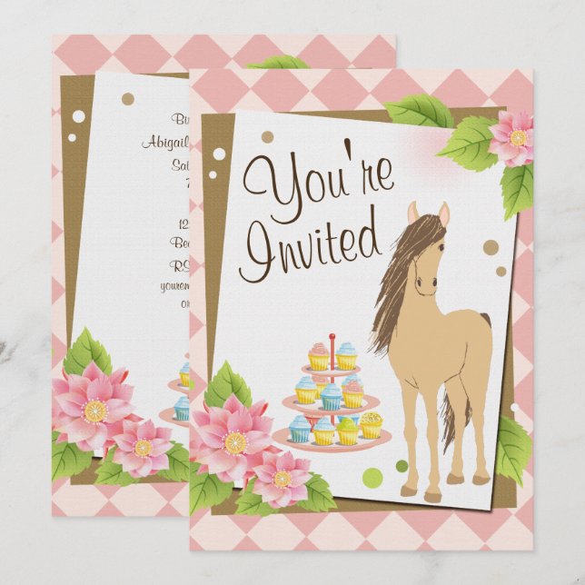 Pretty Horse, Pink Flowers and Cupcakes Birthday Invitation (Front/Back)