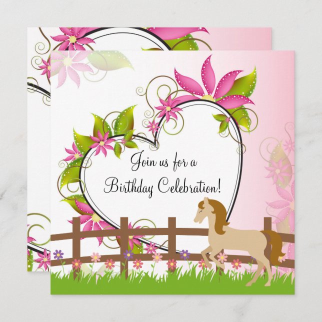 Pretty Horse, Pink Flowers and Heart Birthday Invitation (Front/Back)