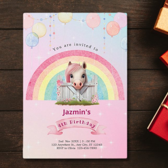 Pretty Horse Pink Rainbow Balloons Birthday Party Invitation (Creator Uploaded)