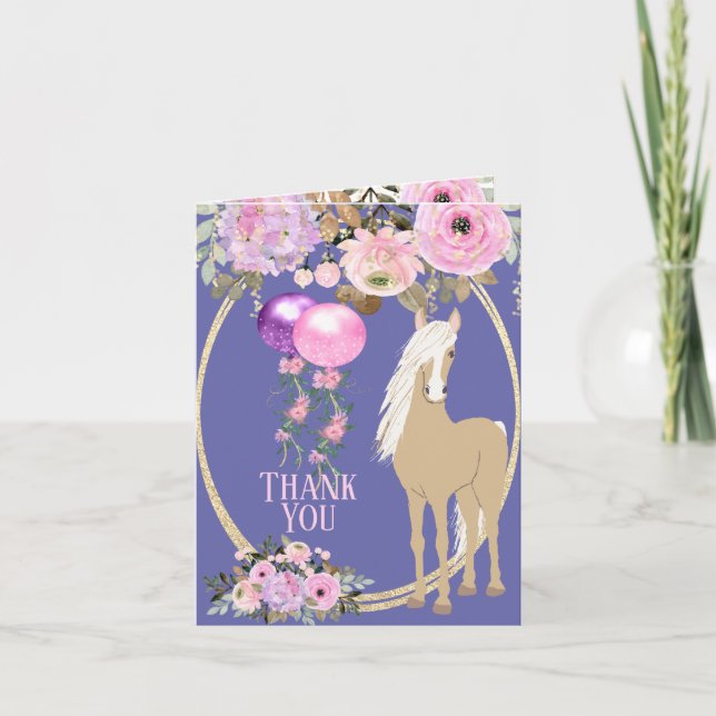 Pretty Horse with Flowers Pink and Periwinkle Thank You Card (Front)