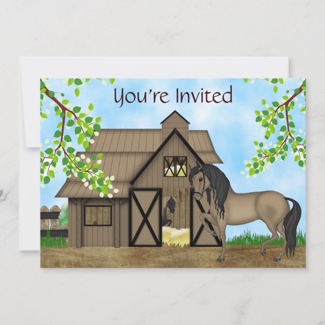 Pretty Horses and Barn Birthday Invitation ~ Girls (Front)