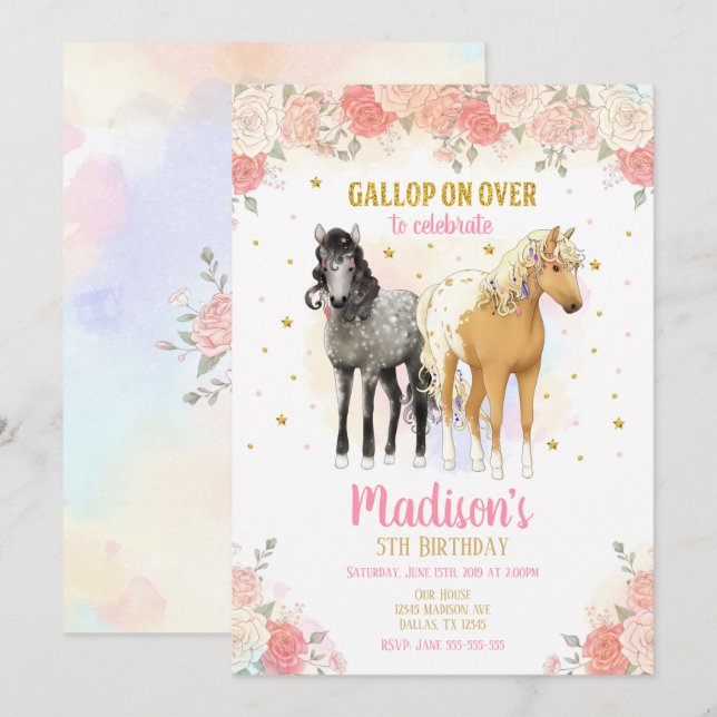 Pretty Horses and Flowers Birthday Invitation  (Front/Back)