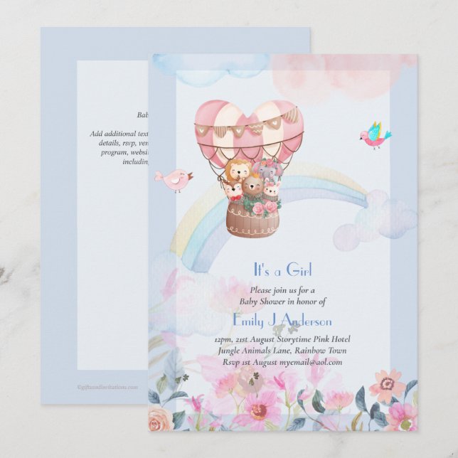Pretty Hot Air Balloon Animals Baby Girl Shower Invitation (Front/Back)