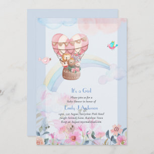 Pretty Hot Air Balloon Animals Baby Girl Shower Invitation
