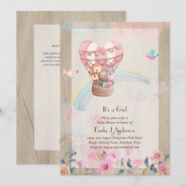 Pretty Hot Air Balloon Animals Baby Girl Shower Invitation (Front/Back)
