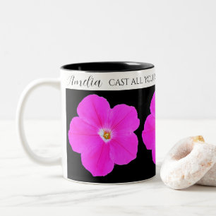 Pretty Hot Pink and Black Floral Bible Verse Name Two-Tone Coffee Mug
