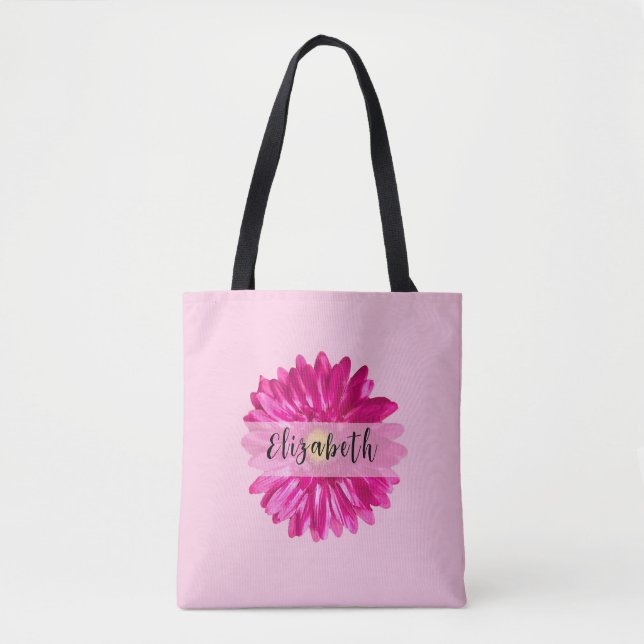 Pretty Hot Pink Daisy Custom Name and Monogram Tote Bag (Front)