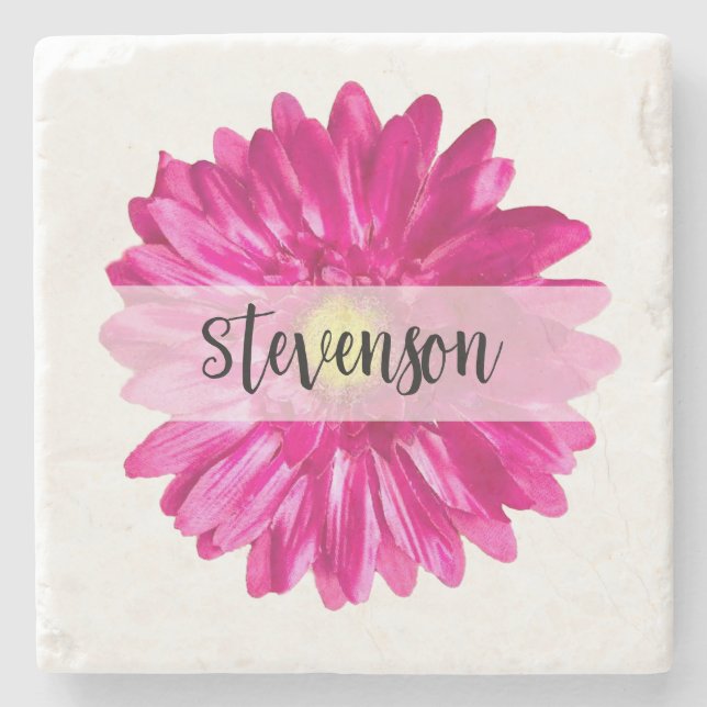 Pretty Hot Pink Daisy Custom Name  Stone Coaster (Front)