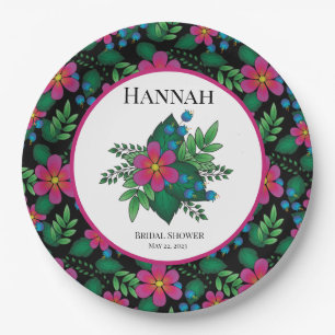 Pretty Hot Pink Floral on Black Paper Plate