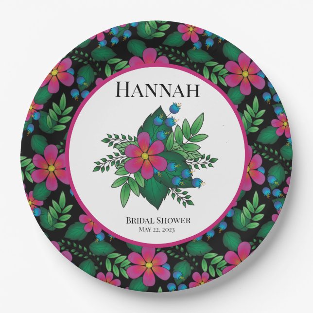 Pretty Hot Pink Floral on Black  Paper Plate (Front)