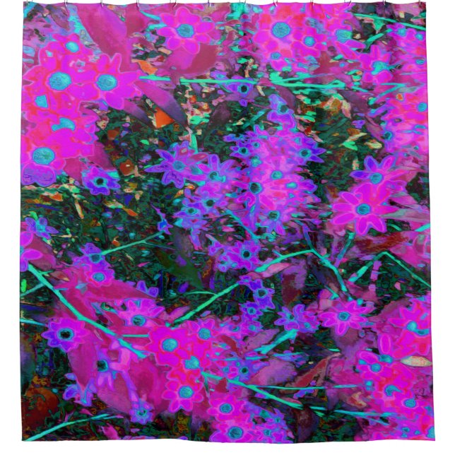Pretty Hot Pink, Magenta and Aqua Blue Flowers Shower Curtain (Front)