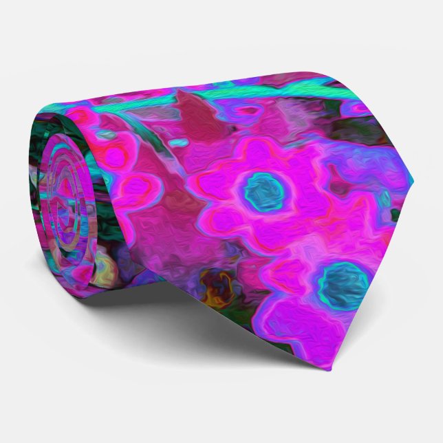 Pretty Hot Pink, Magenta and Aqua Blue Flowers Tie (Rolled)
