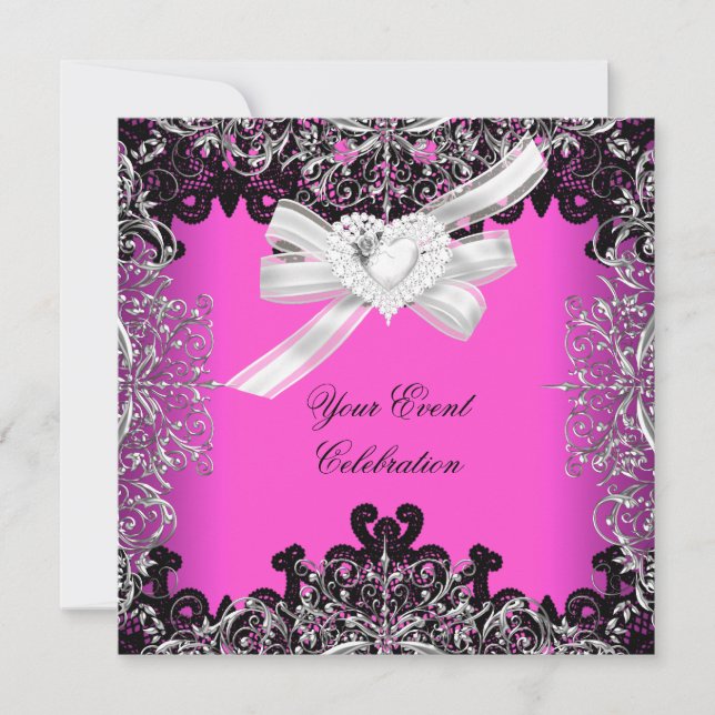 Pretty Hot Pink White Black Lace Elegant Party Invitation (Front)