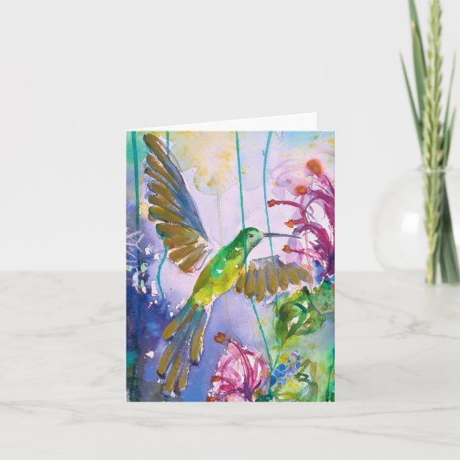 Pretty Hummingbird and Flower BLANK Greeting Card (Front)