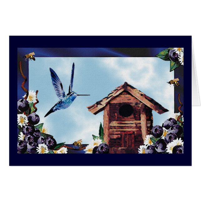 Pretty Hummingbird, Birdhouse, and Blueberries (Front Horizontal)