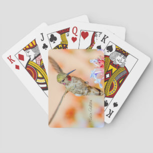 Pretty Hummingbird Flying Over Flowers Name Playing Cards