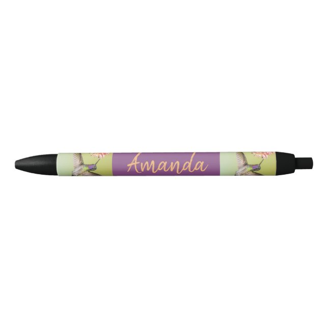 Pretty Hummingbird Flying to a Flower Short Name Blue Ink Pen (Front)