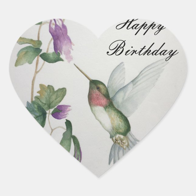 Pretty Hummingbird Happy Birthday Watercolor Heart Sticker (Front)