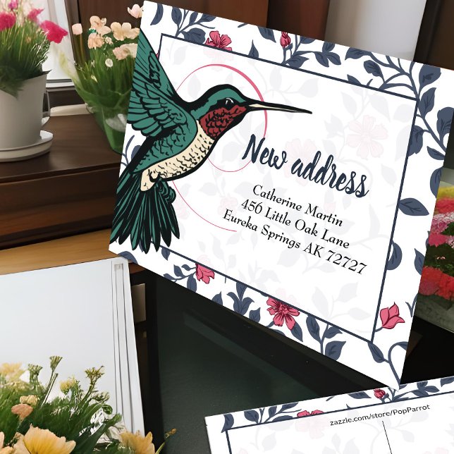 Pretty Hummingbird & Pink Flower Vines New Address Postcard (Pretty hummingbird floral new home announcement with house address and floral border)