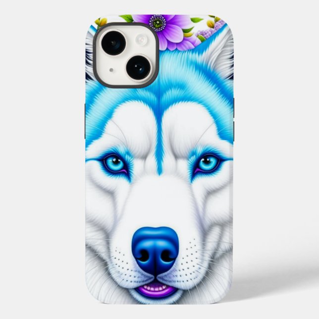 Pretty Husky with Blue Eyes and Whimsical Flowers Case-Mate iPhone Case (Back)
