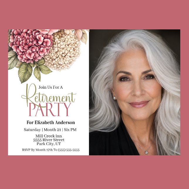 Pretty Hydrangea and Rose Retirement Party  Invitation (Pretty Hydrangea and Rose Retirement Party Invitation For Her.)