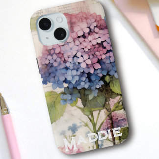 Pretty Hydrangea & Butterfly Purple Personalised iPhone 15 Case