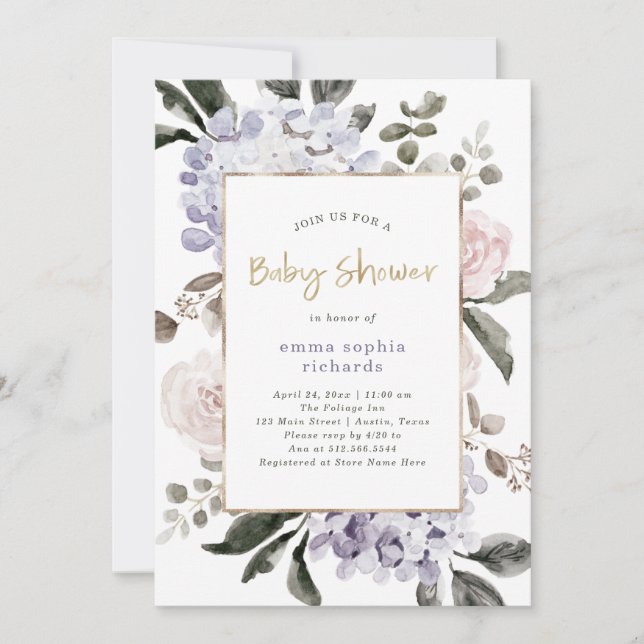 Pretty Hydrangea Flowers and Gold | Baby Shower Invitation (Front)