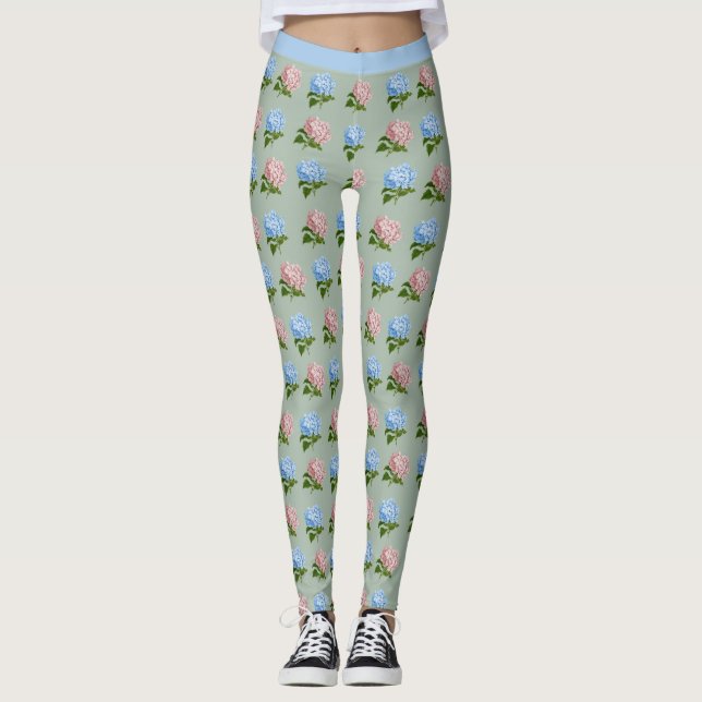 Pretty Hydrangea Flowers Pink Blue Floral Yoga Leggings (Front)