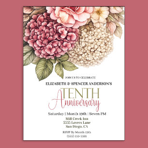 Pretty Hydrangea Rose 10th Anniversary Invitation