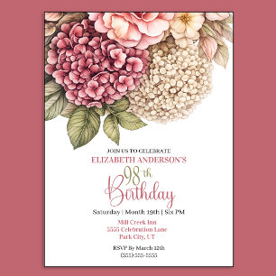 Pretty Hydrangea Rose 98th Birthday Invitation