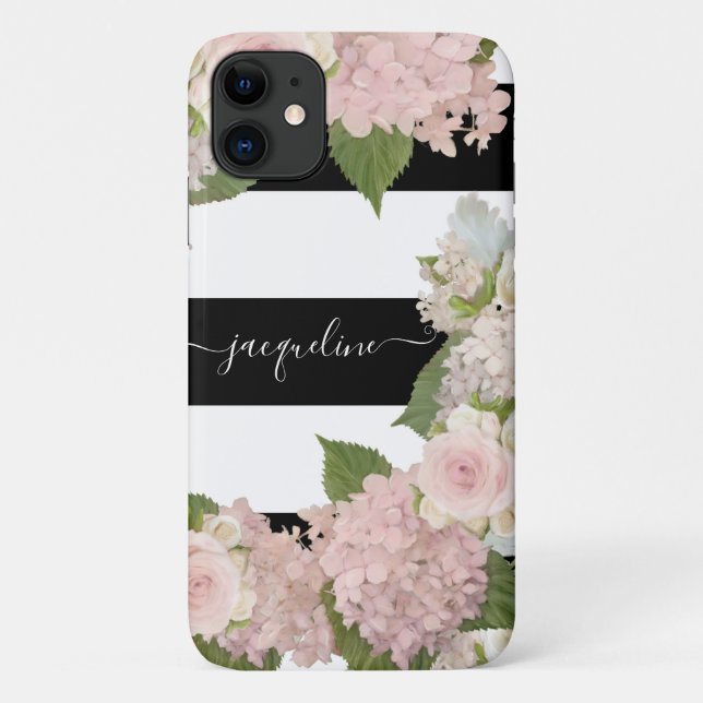 Pretty Hydrangeas Roses Black White Striped Floral Case-Mate iPhone Case (Back)