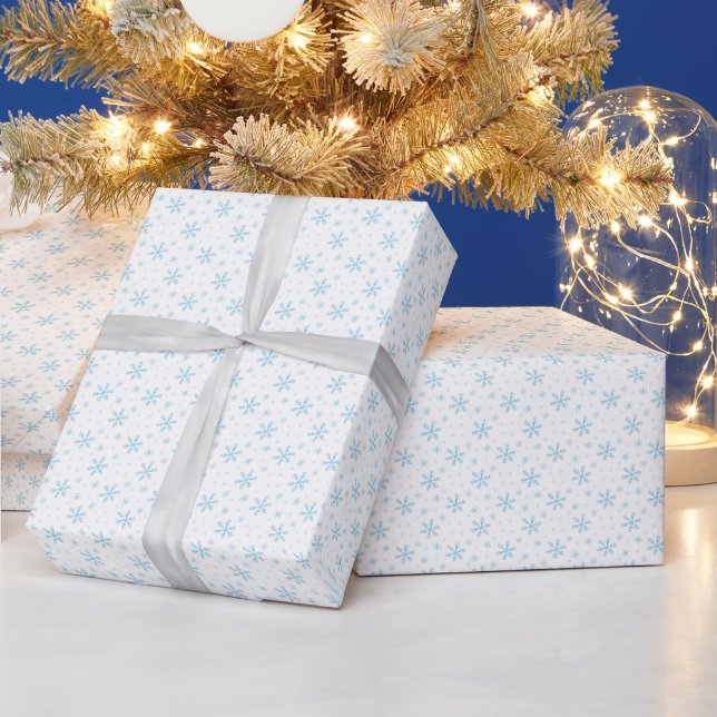 Pretty Ice Blue Snowflakes White Christmas Wrapping Paper (Holidays)