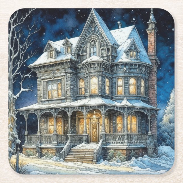 Pretty Illuminated Christmas House Square Paper Coaster (Front)