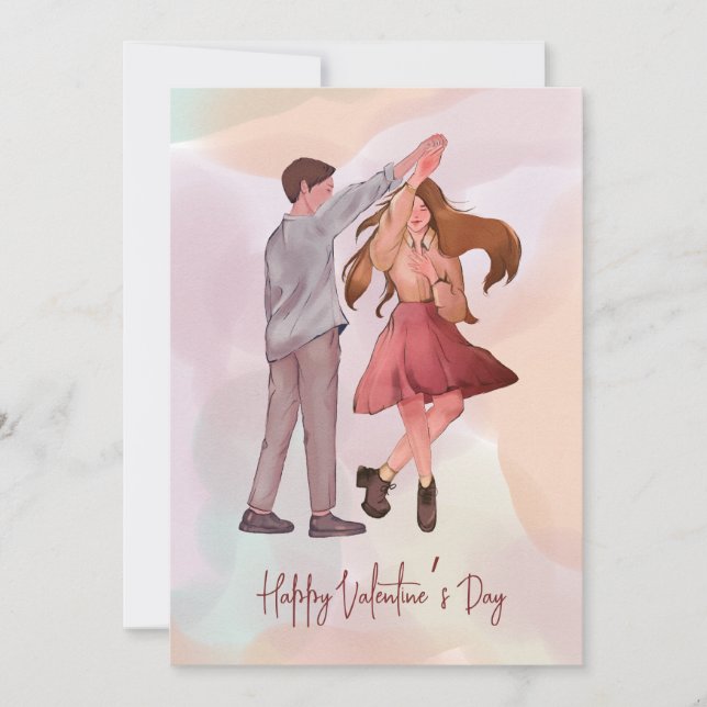 Pretty Illustrated Dancing Couple Valentine’s Day Holiday Card (Front)