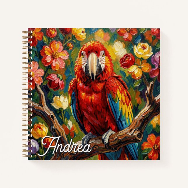 Pretty Impasto Macaw Parrot Personalised Notebook (Front)