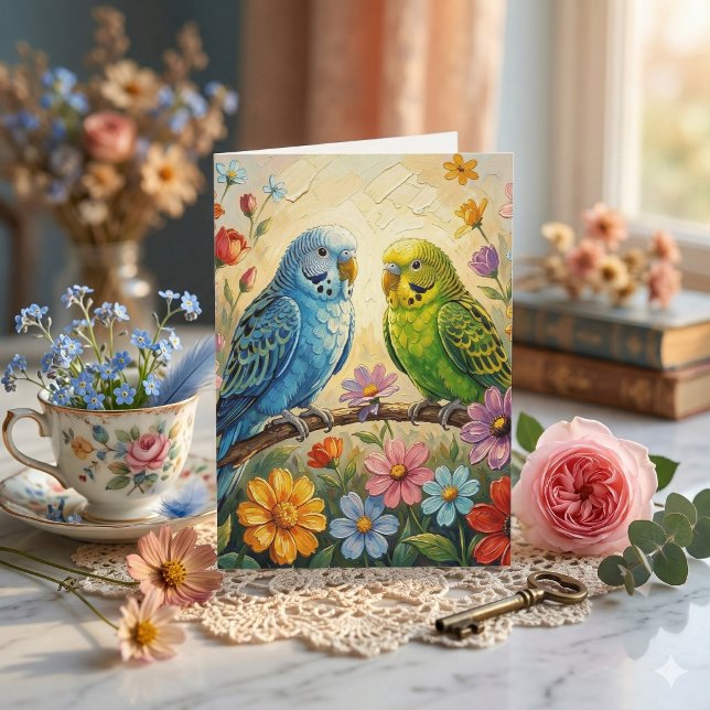 Pretty Impasto Parakeets | Happy Birthday Card (Creator Uploaded)