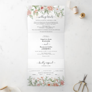 Pretty in Peach Botanical Elegant Wedding Tri-Fold Invitation
