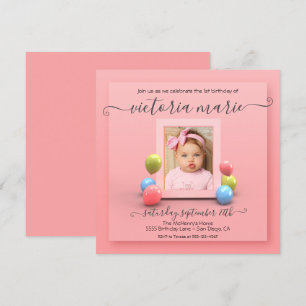 Pretty in Pink 1st Birthday Photo Balloon Invitation