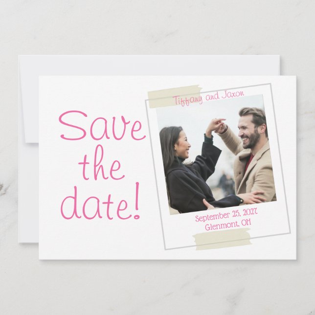Pretty in Pink and White Photo Style Save the Date Invitation (Front)