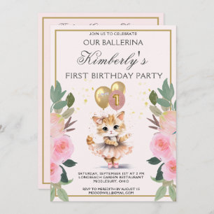 Pretty in Pink Ballerina Girl First Birthday Invitation