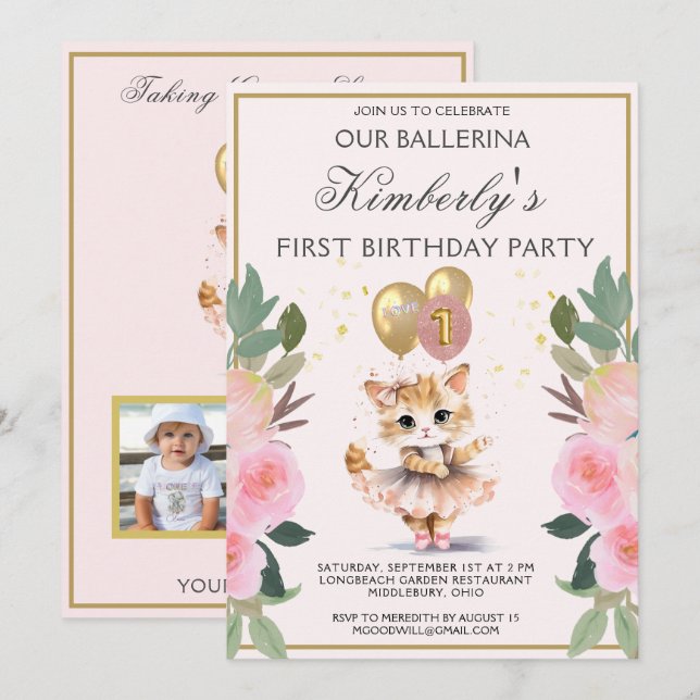 Pretty in Pink Ballerina Girl First Birthday  Invitation (Front/Back)
