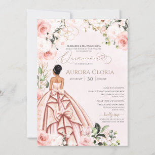 Pretty in Pink Beautiful Gown Roses Quinceanera Invitation