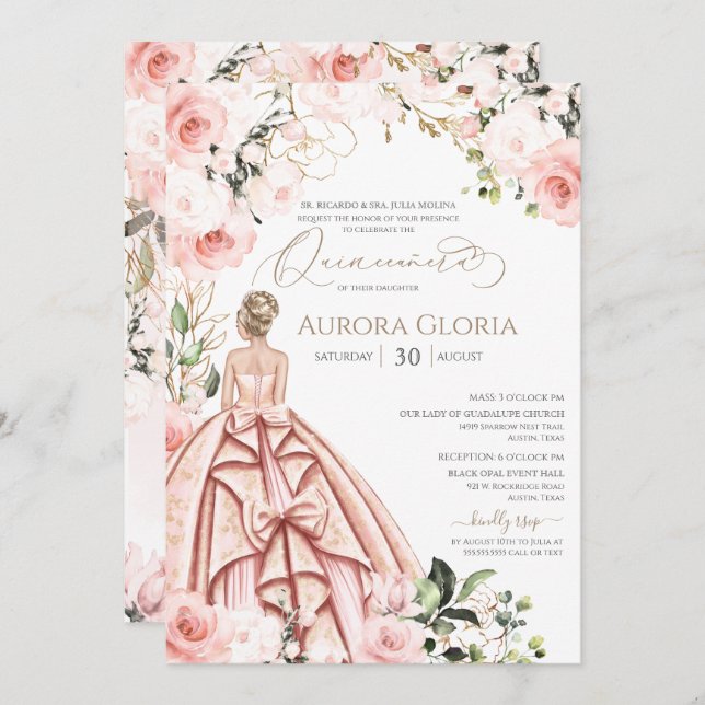 Pretty in Pink Beautiful Rose Elegant Quinceanera  Invitation (Front/Back)