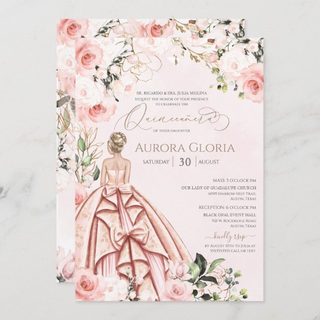 Pretty in Pink Beautiful Rose Elegant Quinceanera  Invitation (Front/Back)