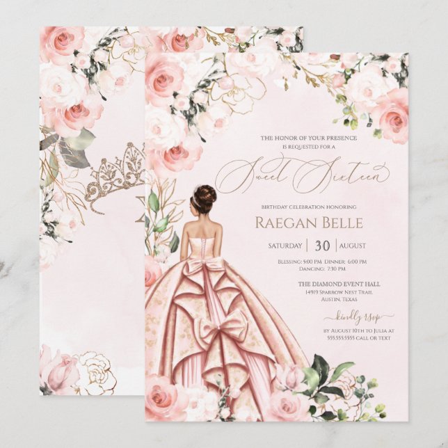 Pretty in Pink Blush Roses Sweet Sixteen Birthday  Invitation (Front/Back)