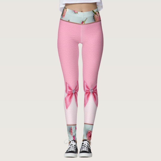 Pretty In Pink Bows and Flowers Leggings (Front)