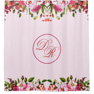 PRETTY IN PINK FLORAL MONOGRAM AND STRIPES TOO  SHOWER CURTAIN