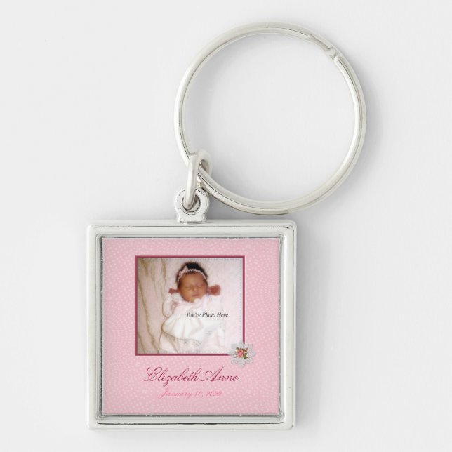 Pretty In Pink Girly Photo Birth Announcement Key Ring (Front)
