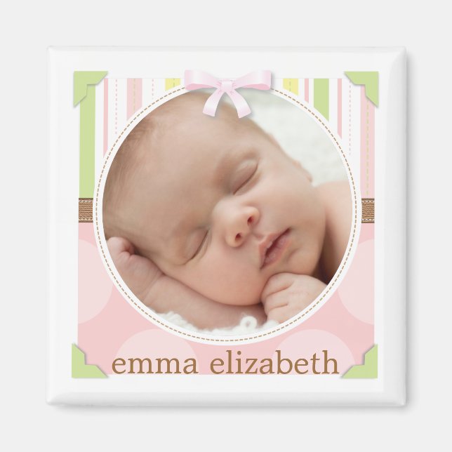 Pretty in Pink & Green Stripes + Dots Birth Photo Magnet (Front)