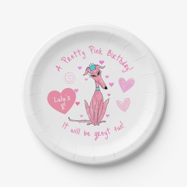 Pretty In Pink Greyhound Party Invitation Paper Plate (Front)